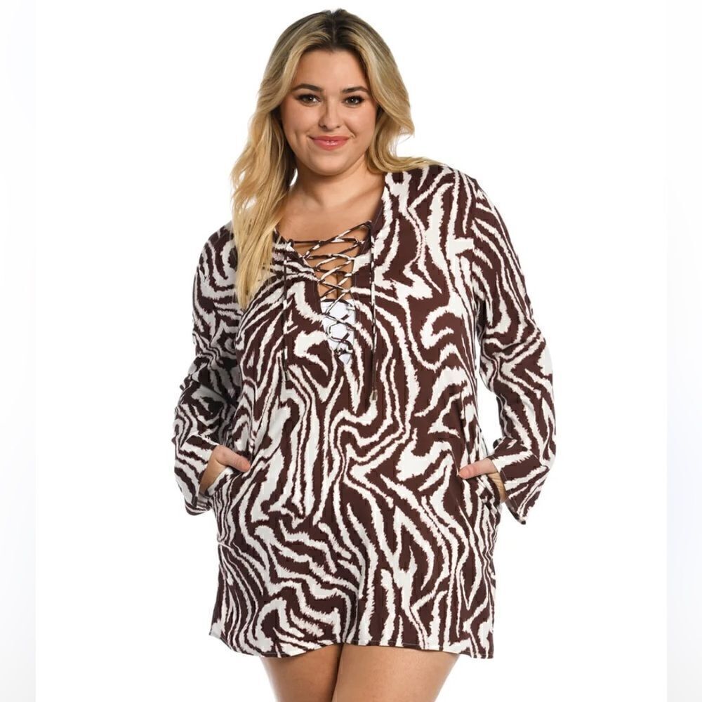 La Blanca women Lace up Dress Swim Cover up 2X Fierce Lines Plus Size Dress